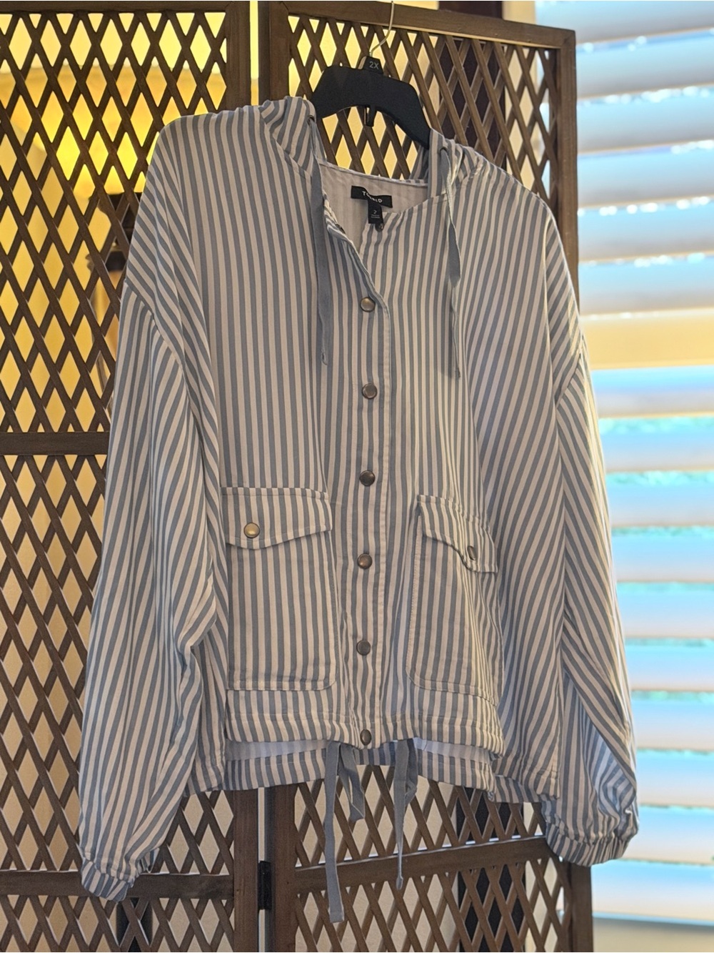 Torrid Blue and White Striped Hooded Utility Jacket